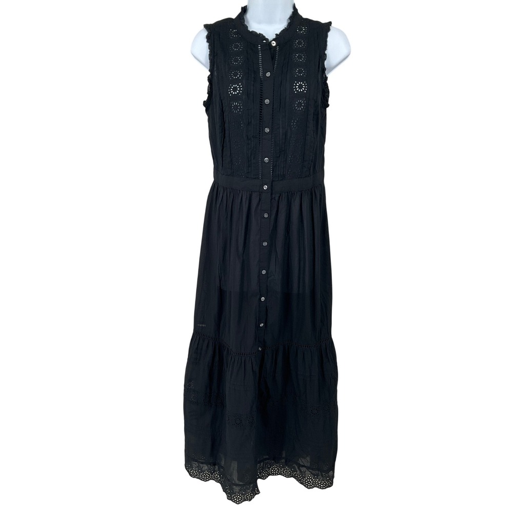 Gap Midi Dress Women XS Black Eyelet Embroidered Tiered Boho Classic Sleeveless